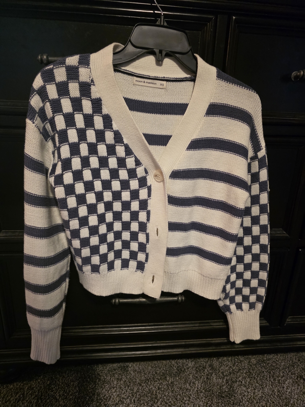 moon & madison Gray and Cream Mixed Stripe & Checker Cardigan